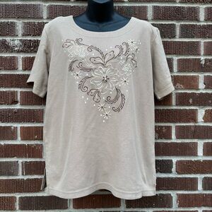 Vintage KAVIO DESIGNS Women’s Sz L Tan embroidered floral short sleeve top